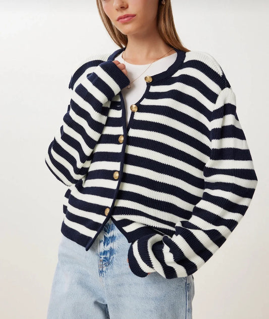 Navy Blue striped knit gold button cardigan
