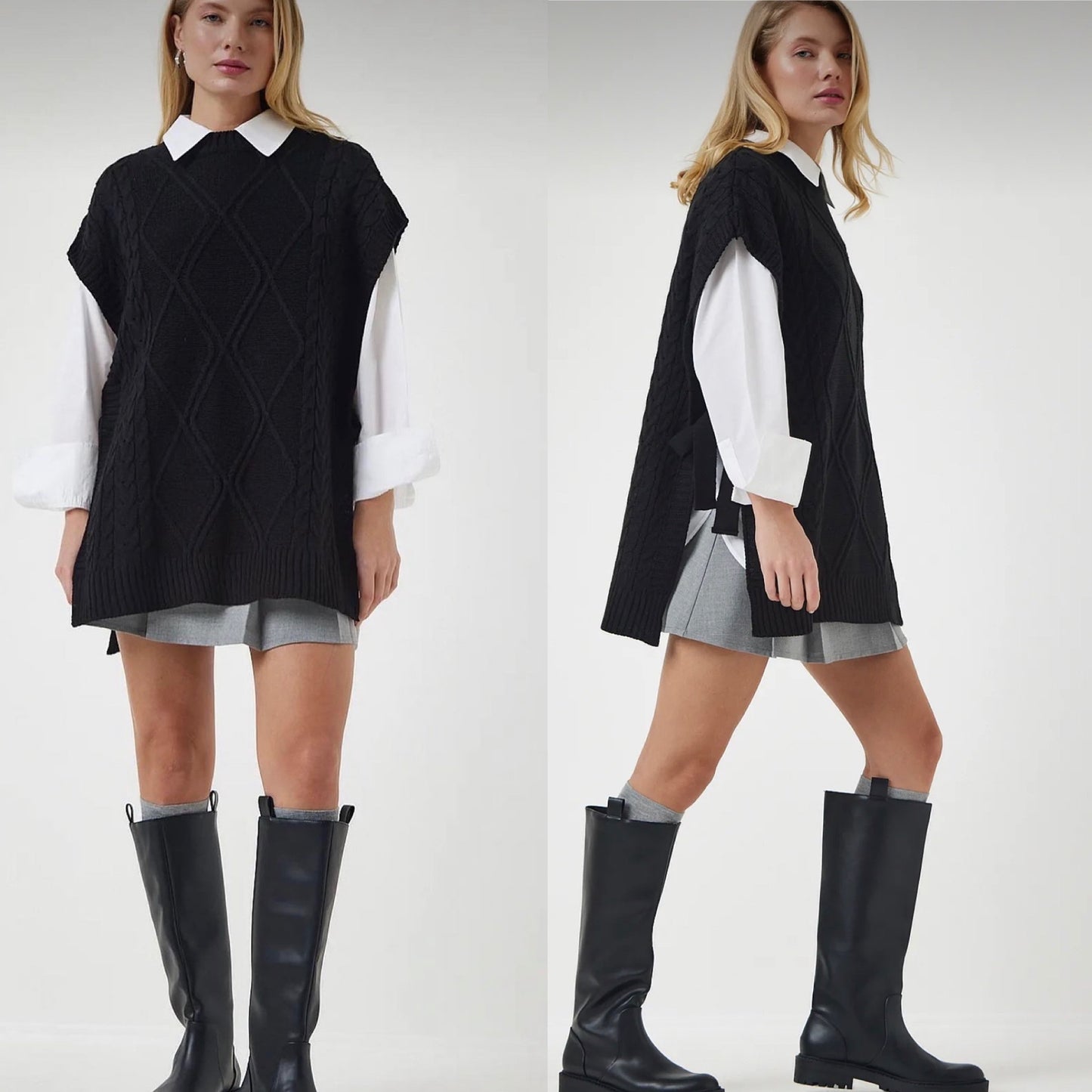 Black tie detail oversized knit sweater