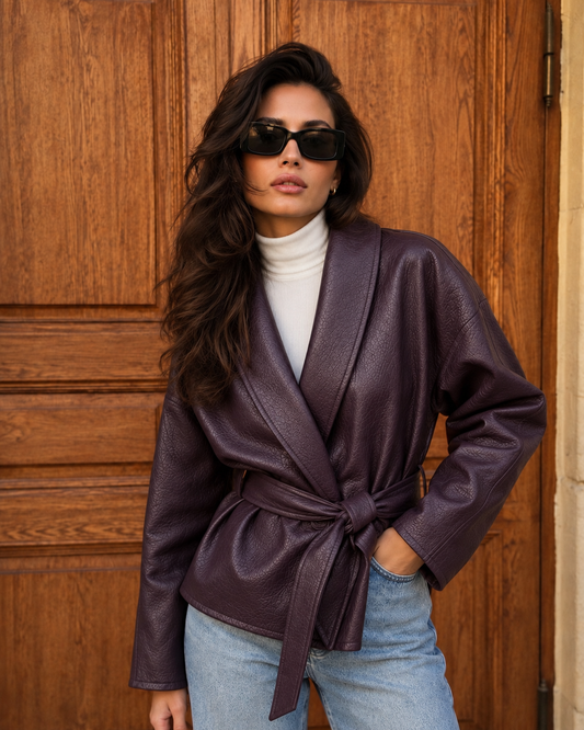 Plum Leather Jacket with belt